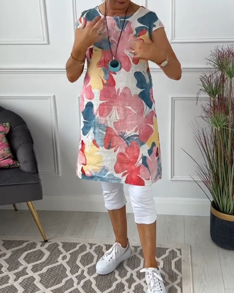 Anita - Robe femme imprimée verte fluide à manches courtes et coupe ample