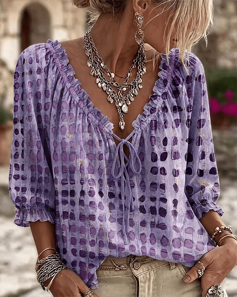 Mireva - Blouse femme à pois avec col V et lien ajustable