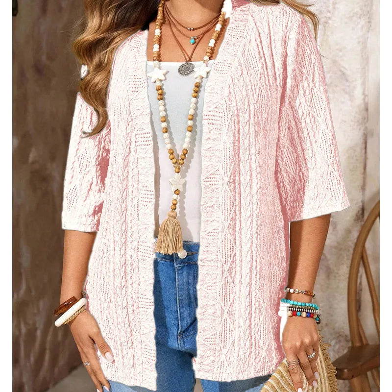 Enora - Cardigan femme tricoté ouvert à manches 3/4
