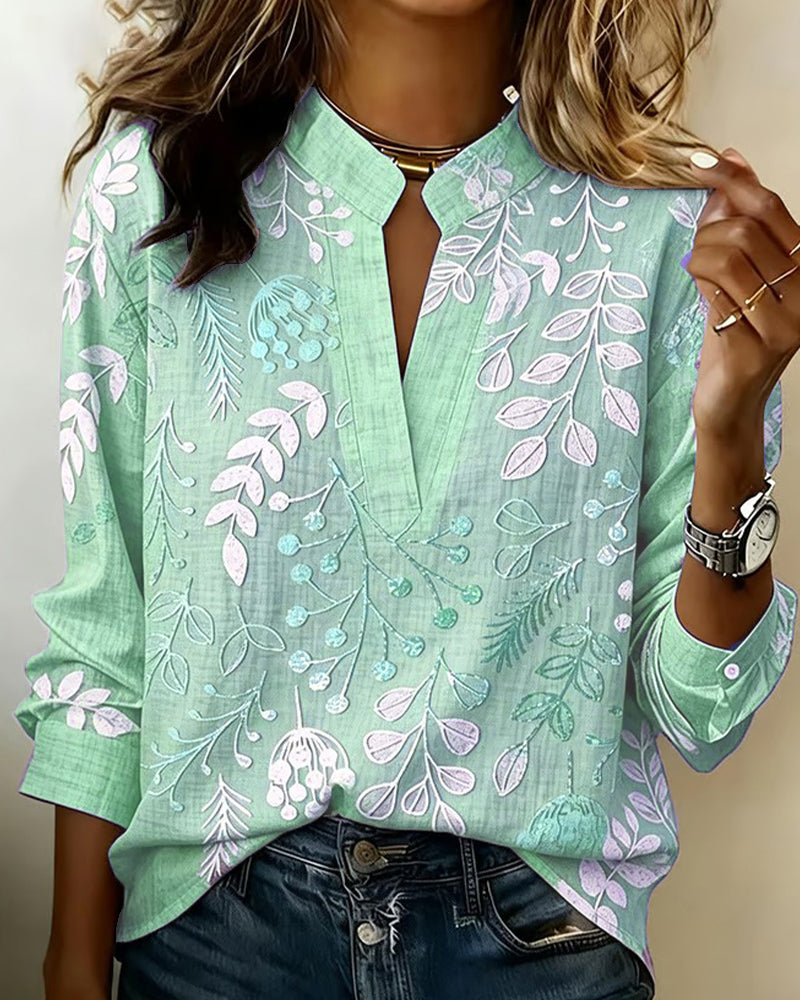 Drynora - Blouse femme imprimée florale col ouvert manches longues style élégant