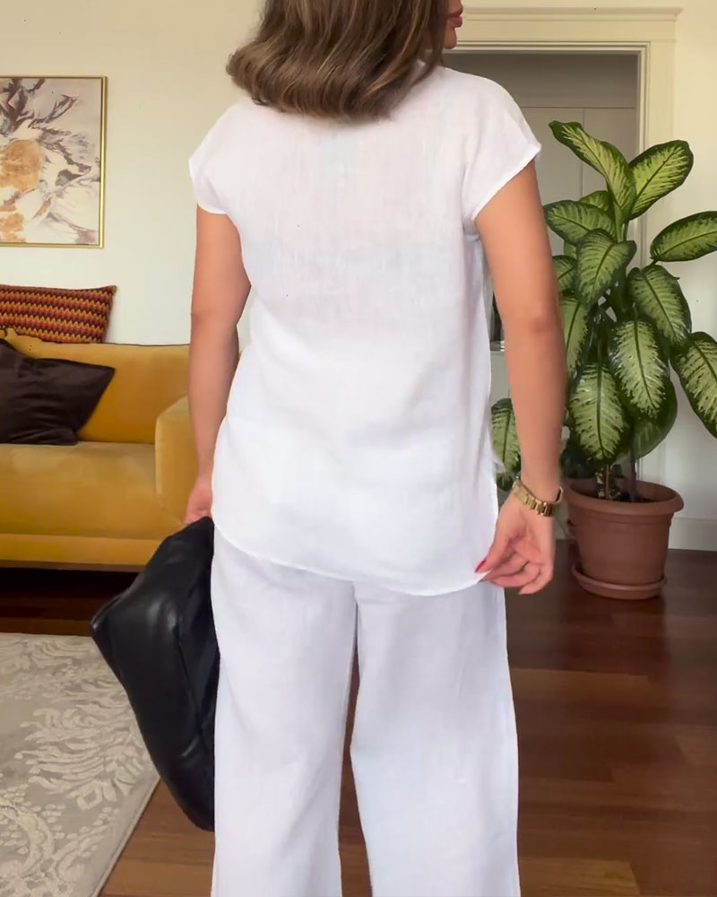 Quinara - Costume coton et lin couleur unie pantalon décontracté