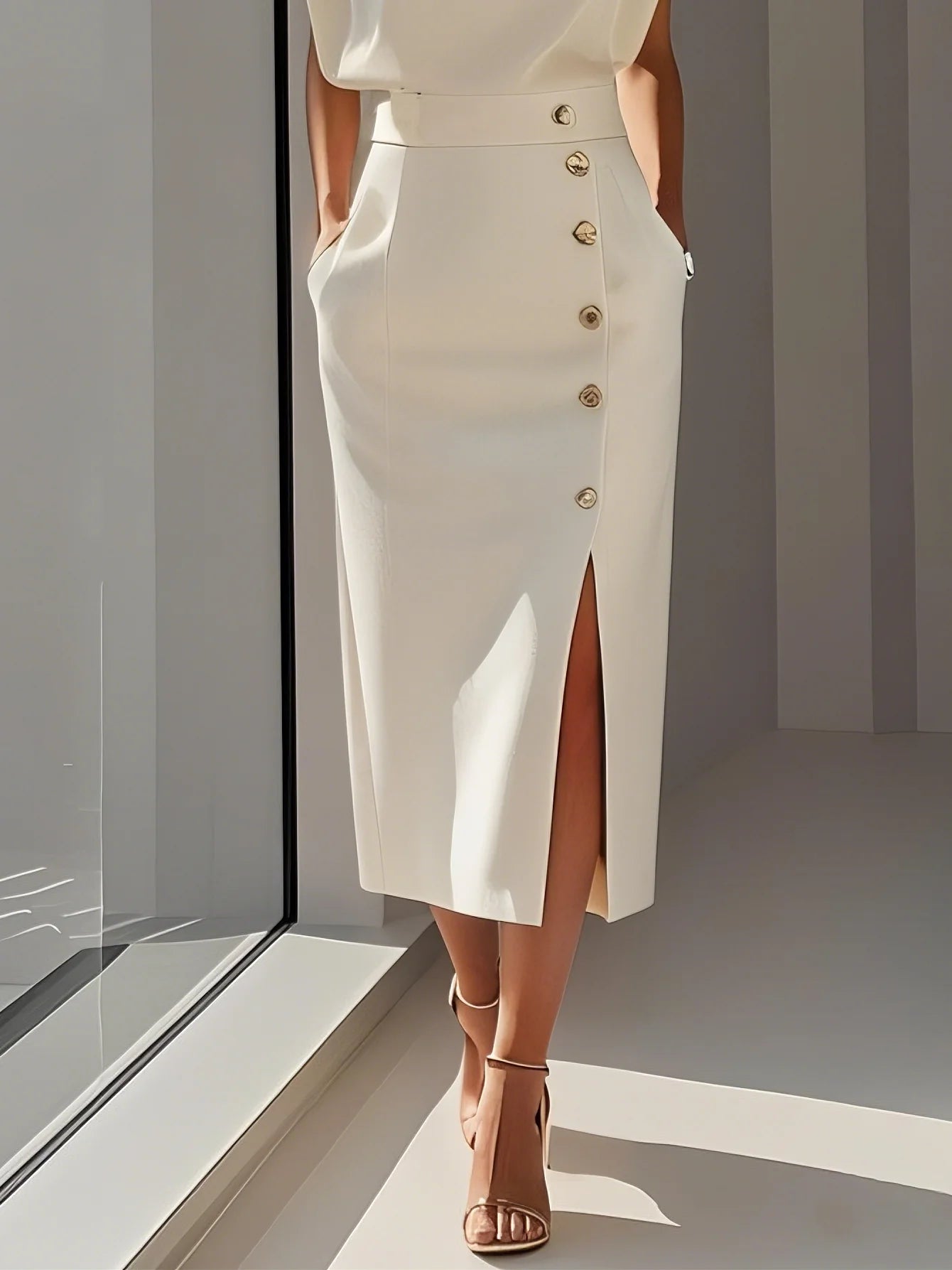Floralia - Robe midi unie avec fente à boutons et décolleté rond
