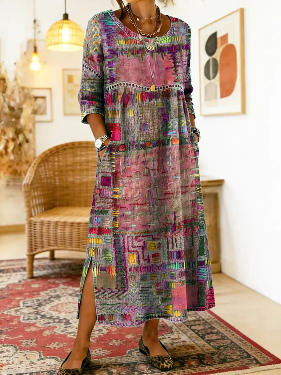 Lunethra - Robe Denim Patchwork Ethnique Femme