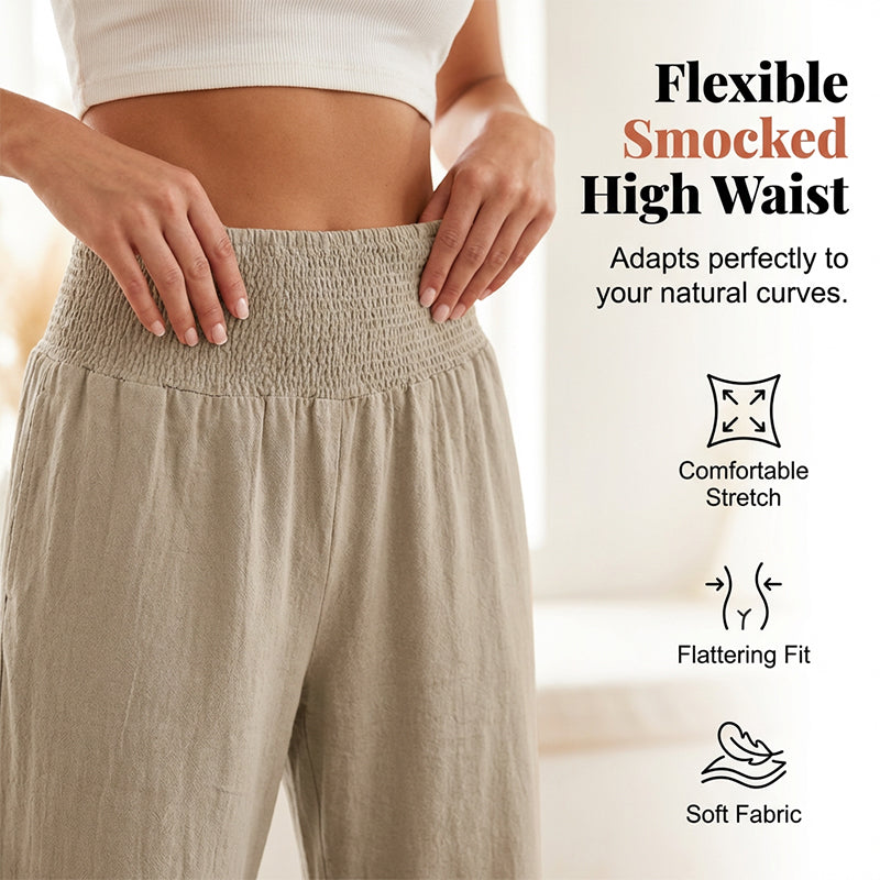 Dorexa - Pantalon femme taille haute smockée large coton lin boho