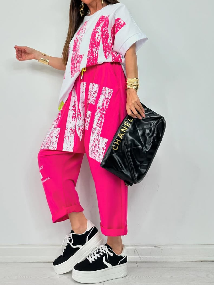 Kirelle - Ensemble décontracté femme top imprimé col rond et pantalon