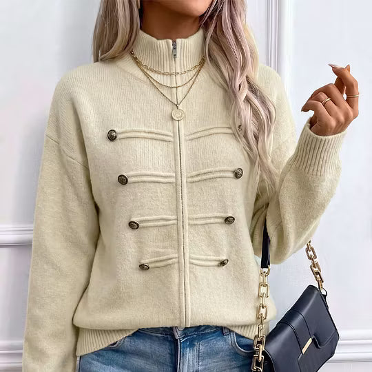 Teuntje - Women's knit cardigan with high neck, zip, and decorative buttons