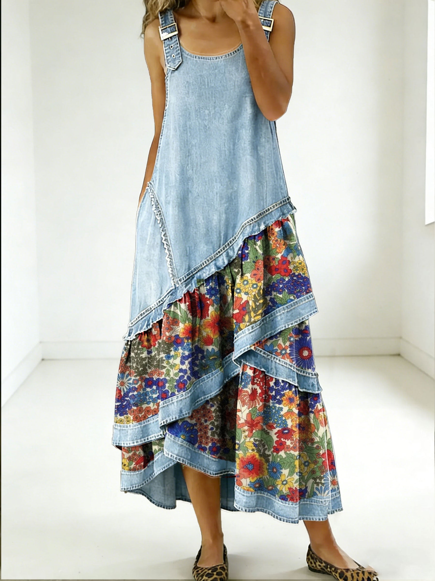 Rovessira - Robe maxi femme patchwork bohème en jean et imprimé floral