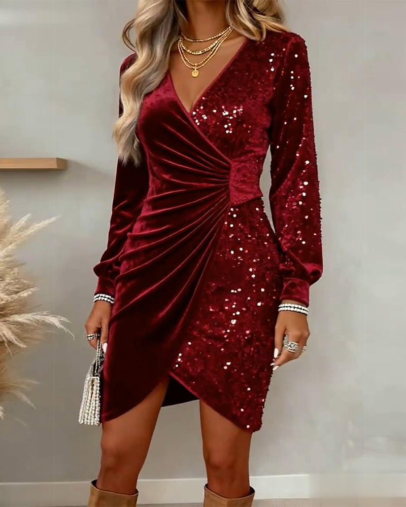 Fayriona - Robe Décolleté Sexy Velours Avec Paillettes