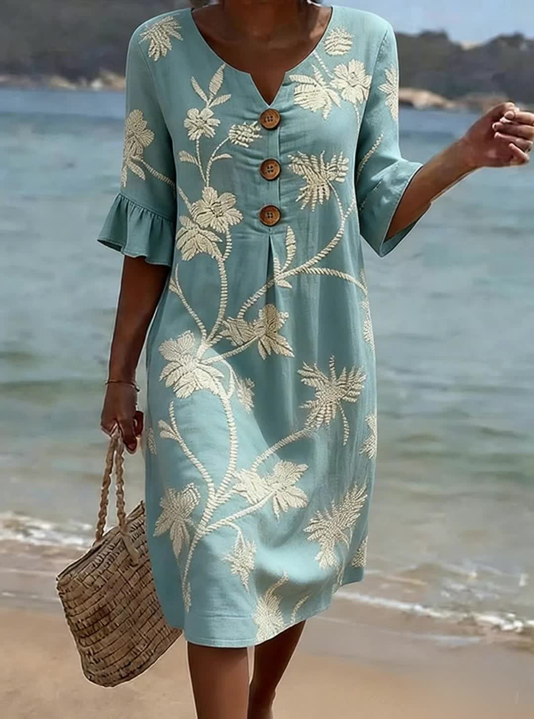 Belvora - Robe Femme Coton Lin Imprimé Floral Coupe Décontractée Confort