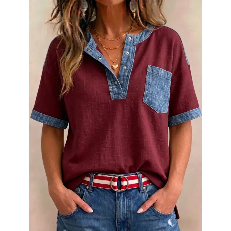 Tivellea - Top femme en coton à col V avec détails denim