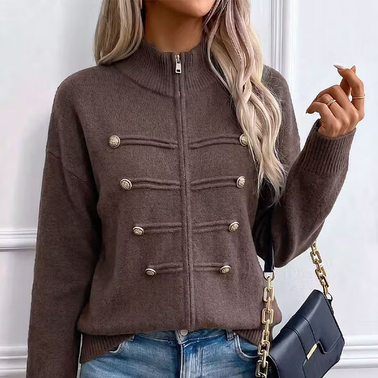 Teuntje - Women's knit cardigan with high neck, zip, and decorative buttons