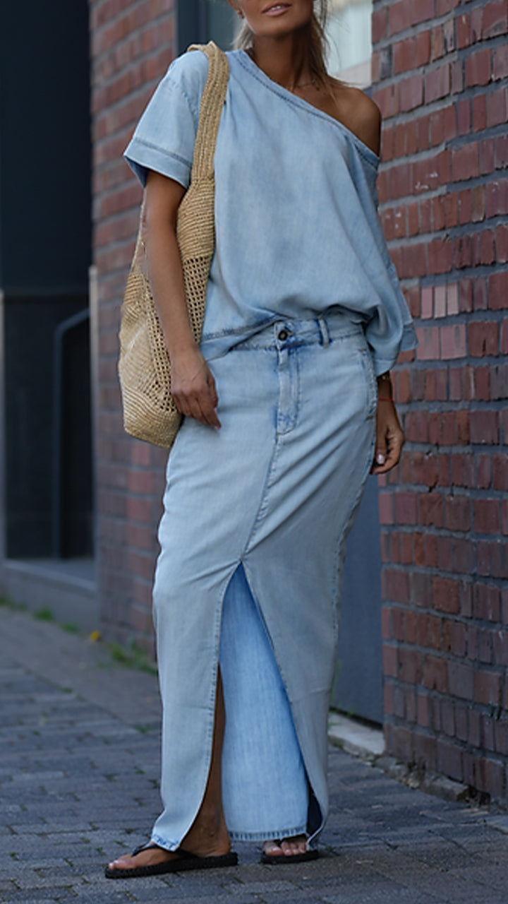 Mireya - Ensemble Décontracté Femme en Denim Tencel avec Décolleté Rond