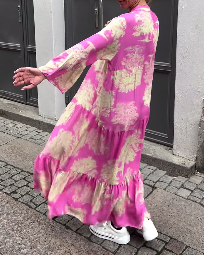 Greta - Robe Patchwork Ample avec Col en V et Manches Cloches Imprimées