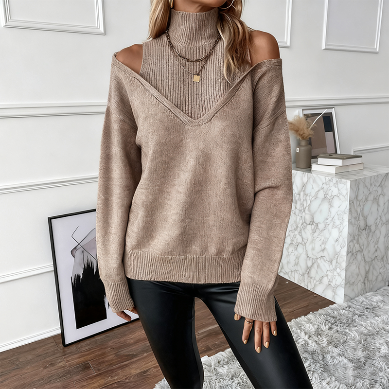 Avenelle - Pull Femme Audacieux En Laine Avec Col Montant Et Épaules Dénudées