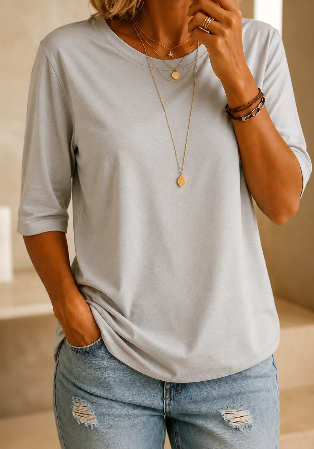 Bérangère - T-shirt femme à col rond avec manches trois-quarts