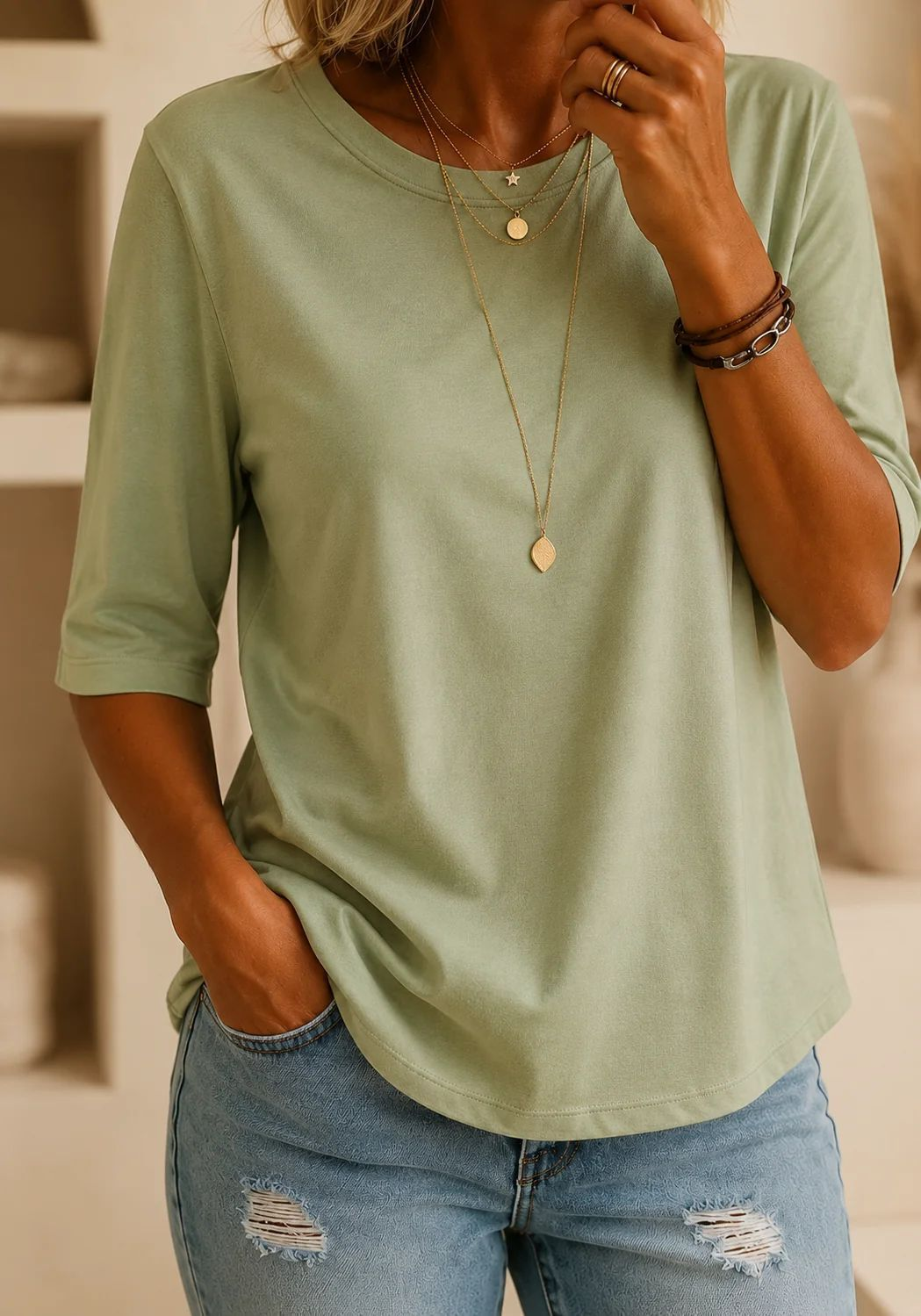 Bérangère - T-shirt femme à col rond avec manches trois-quarts