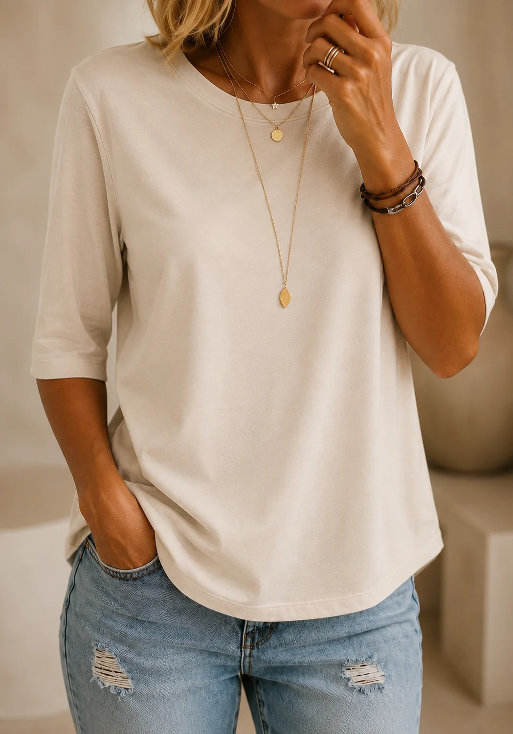Bérangère - T-shirt femme à col rond avec manches trois-quarts