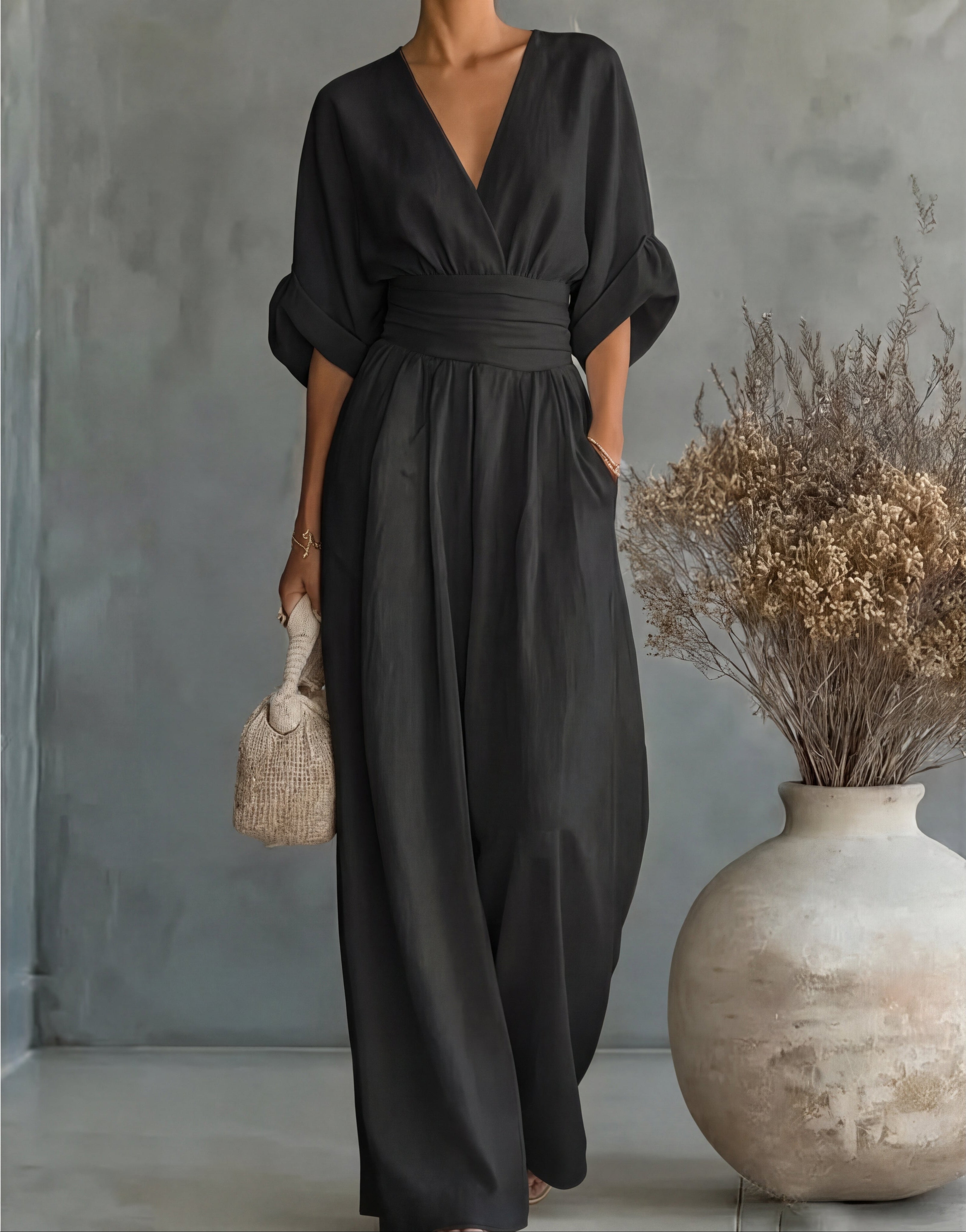 Avelissea - Combinaison femme à col V et pantalon large fluide