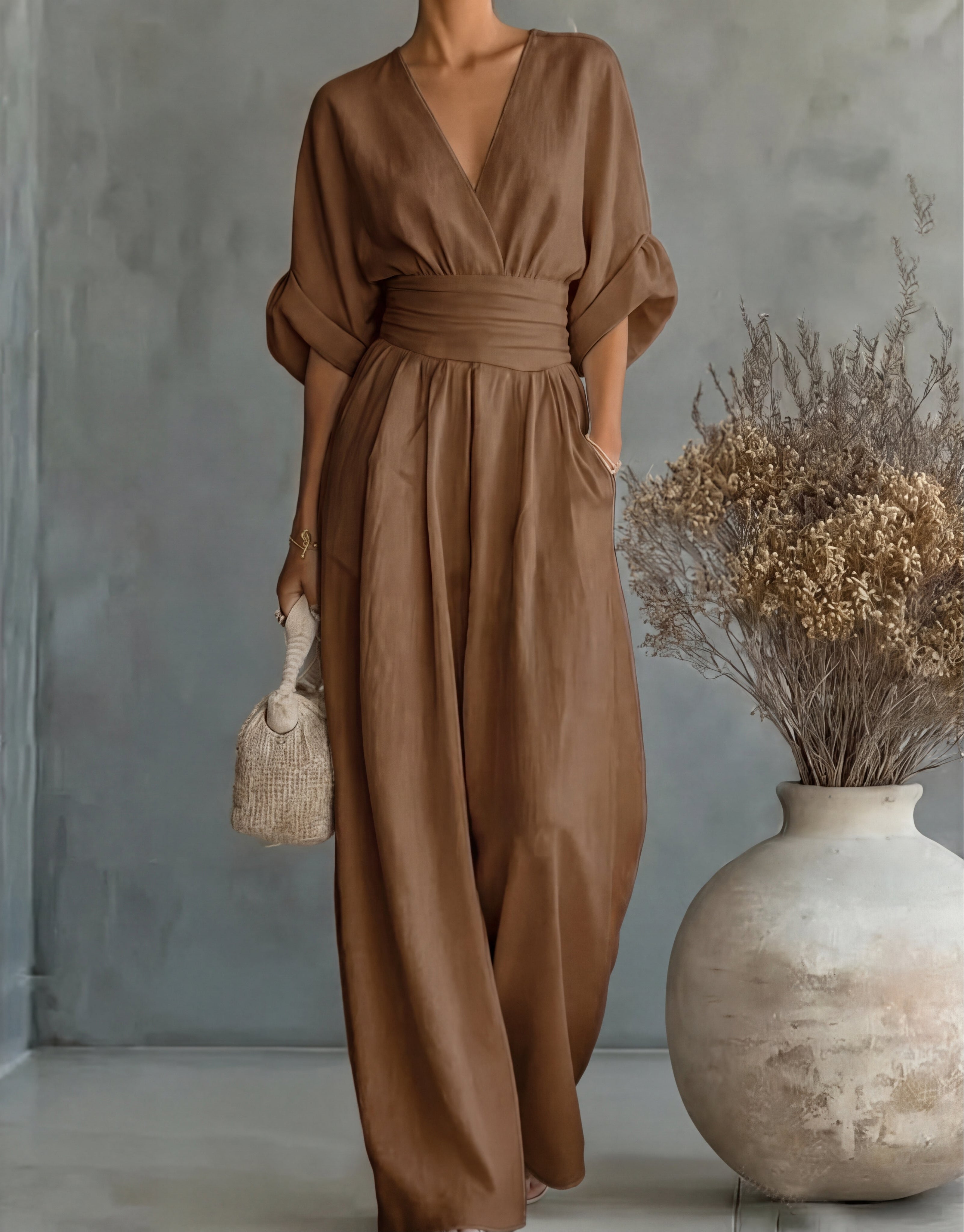 Avelissea - Combinaison femme à col V et pantalon large fluide