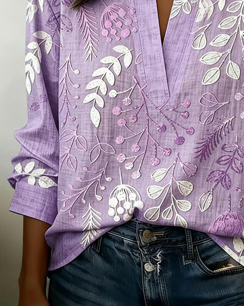 Drynora - Blouse femme imprimée florale col ouvert manches longues style élégant