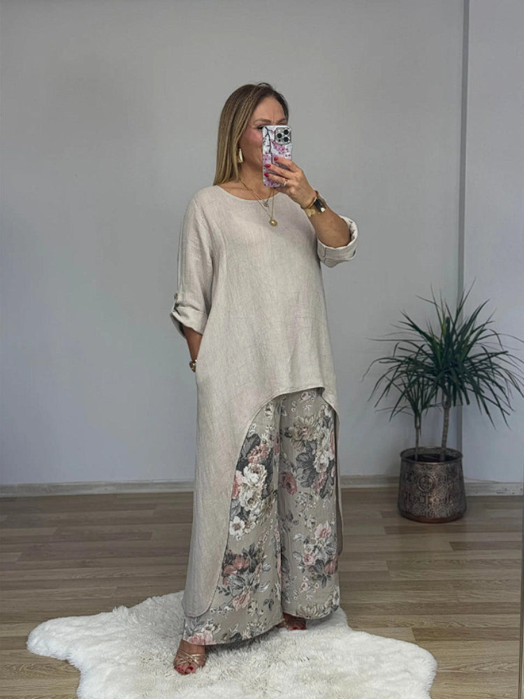Ulina - Ensemble Décontracté avec Top Irrégulier et Pantalon à Jambes Larges