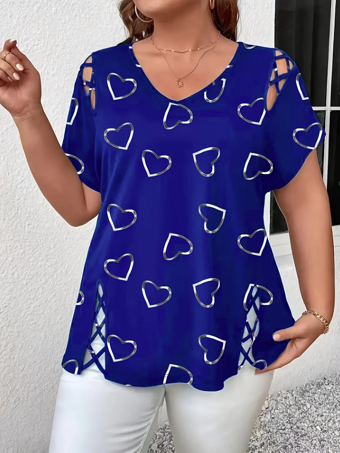 Elowra - Blouse femme col V avec imprimé cœurs