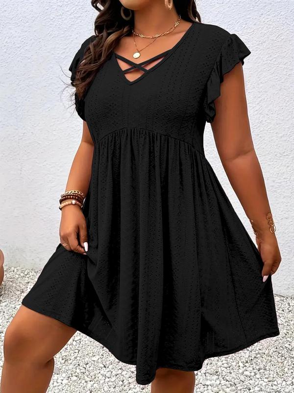 Elinorae - Robe femme grise avec décolleté découpé et manches volantées