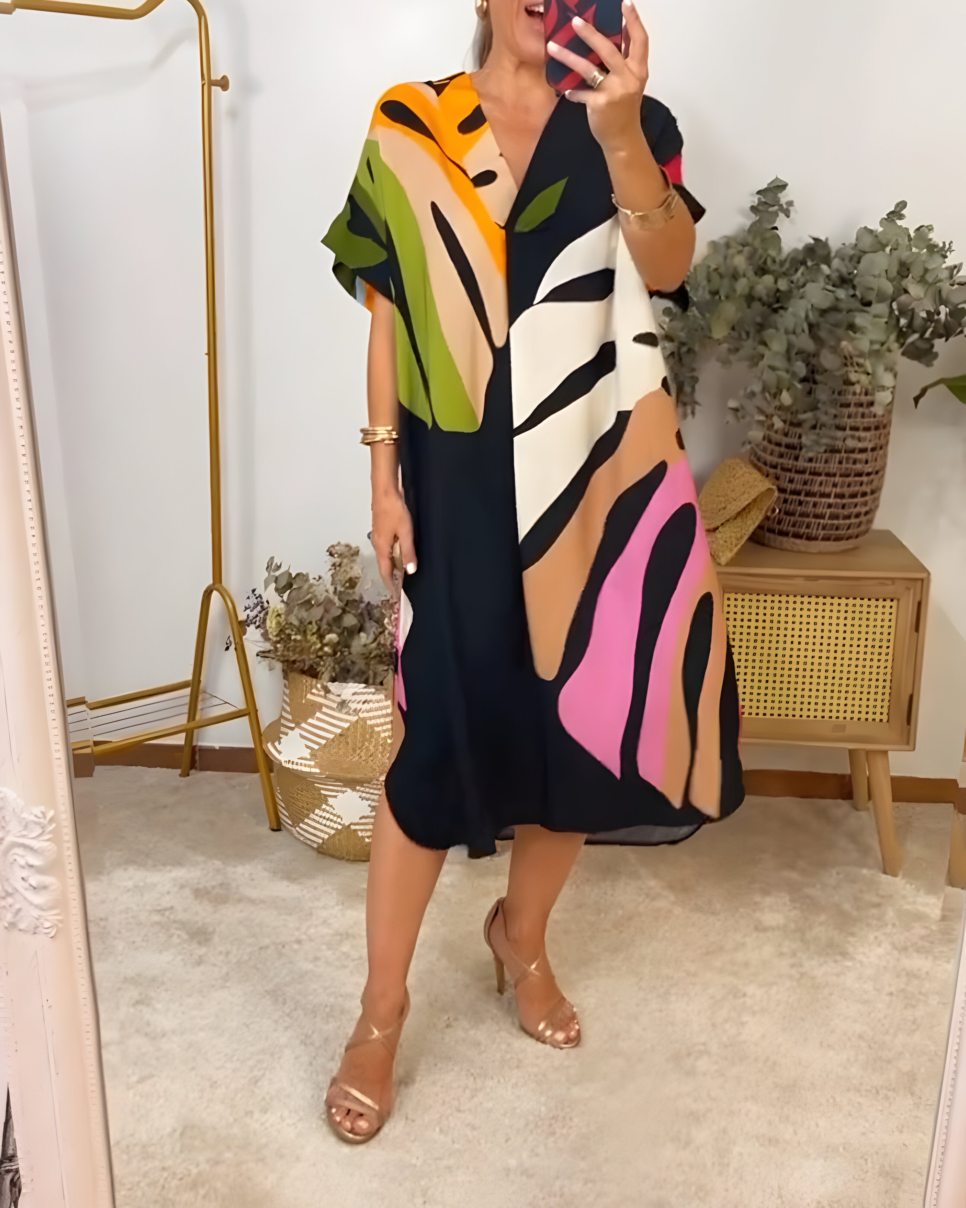 Nerissa - Robe décontractée à imprimé feuillage coloré pour un style frais et naturel