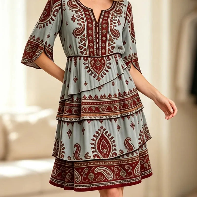 Ramona - Robe femme bohème à volants avec imprimé ethnique