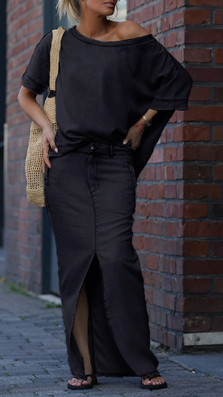 Mireya - Ensemble Décontracté Femme en Denim Tencel avec Décolleté Rond
