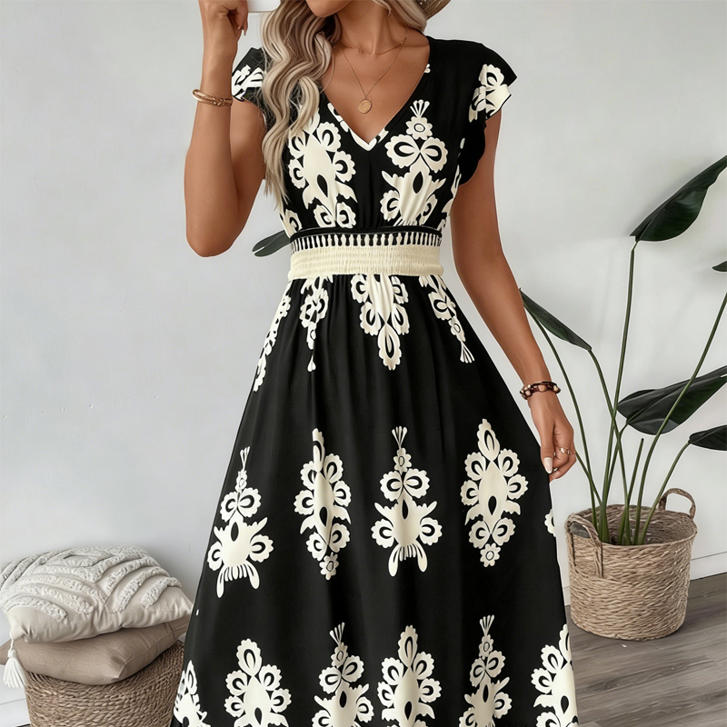 Syloria - Robe longue femme à imprimé baroque et décolleté en V