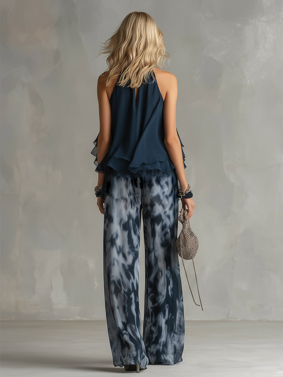 Pheronia - Ensemble femme deux pièces chiffon top col halter pantalon large imprimé