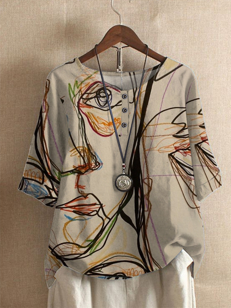 Averitha - T-shirt femme artistique imprimé à manches 3/4 et col rond