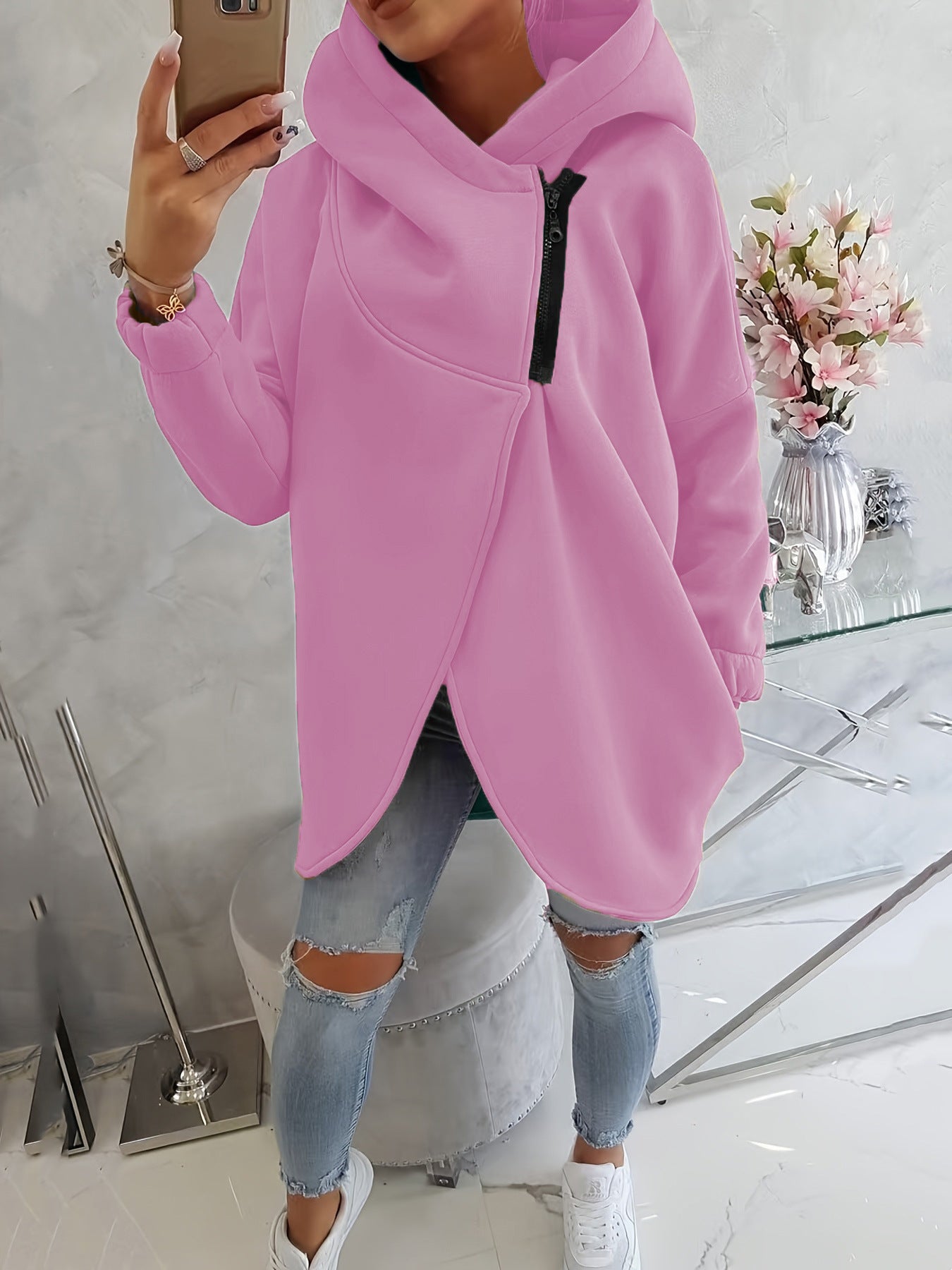 Quenlisse - Sweat à capuche zippé pour femme avec poches avant