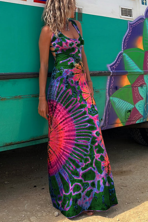 Junaria - Robe maxi avec imprimé tie-dye, lacée à l'arrière, extensible (avec soutien-gorge intégré)
