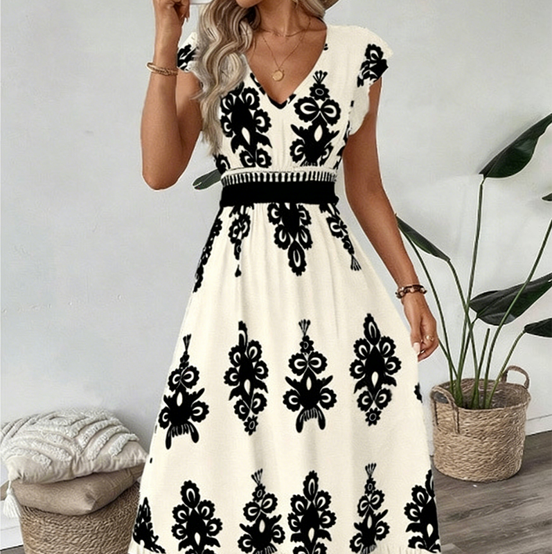 Syloria - Robe longue femme à imprimé baroque et décolleté en V
