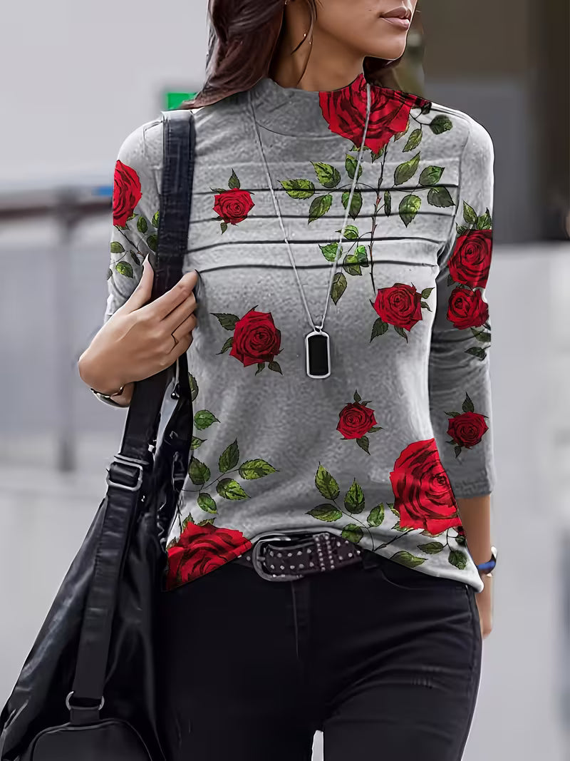 Tineke - Women's high-neck floral long-sleeve top