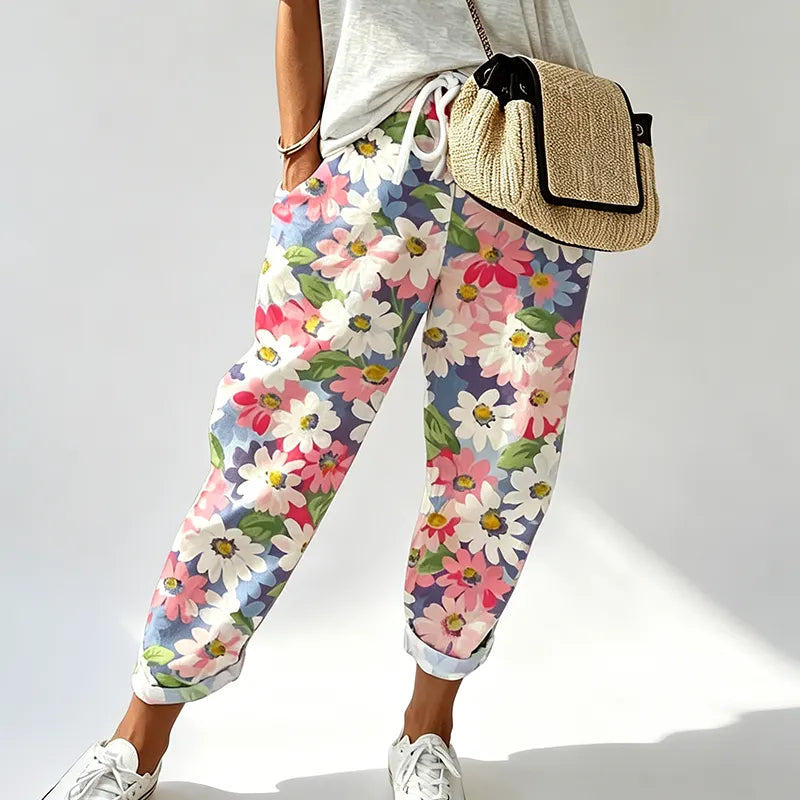 Marovelle - Pantalon femme fleuri avec taille ajustable et poches