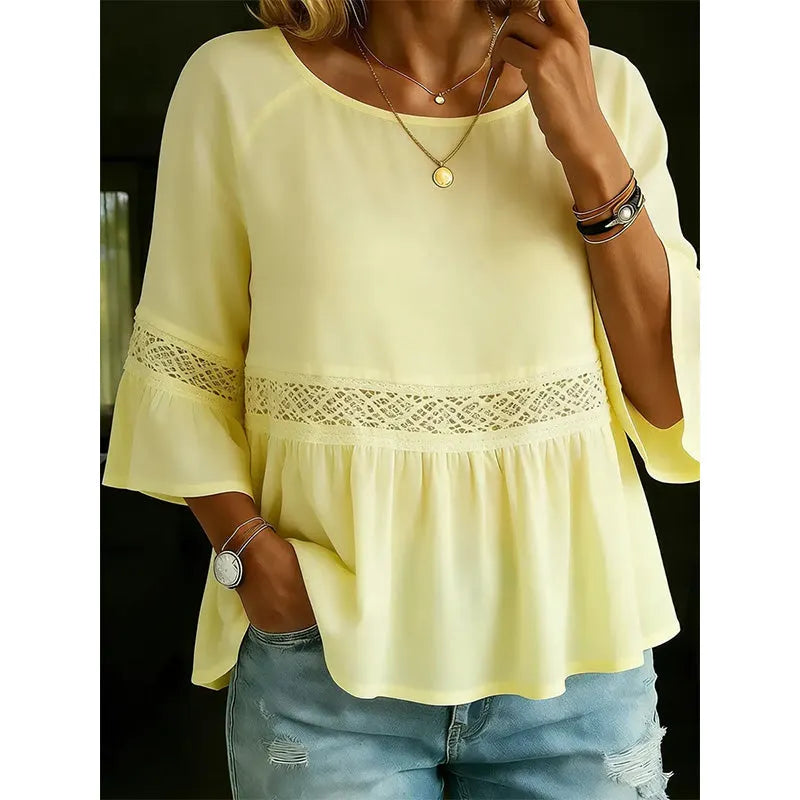 Evarielle - Blouse femme dentelle et basque avec manches volantées