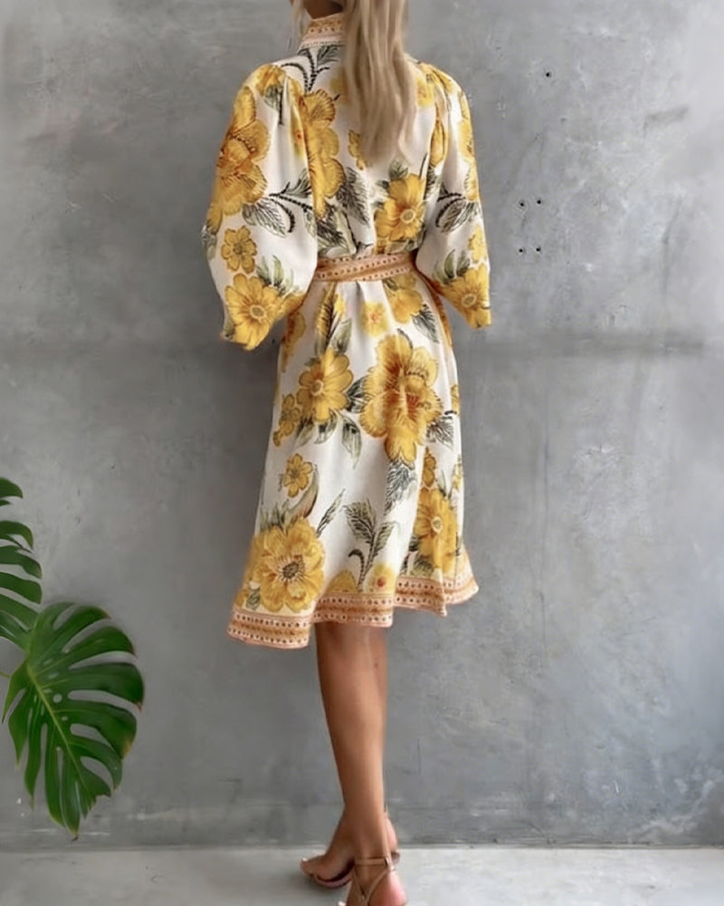 Glyssara - Robe florale élégante femme à manches lanterne et boutons
