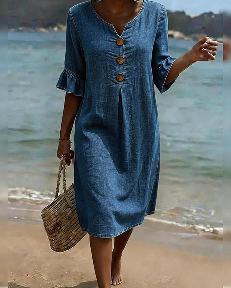 Fynorae - Robe femme jean manches volants coupe fluide été plage