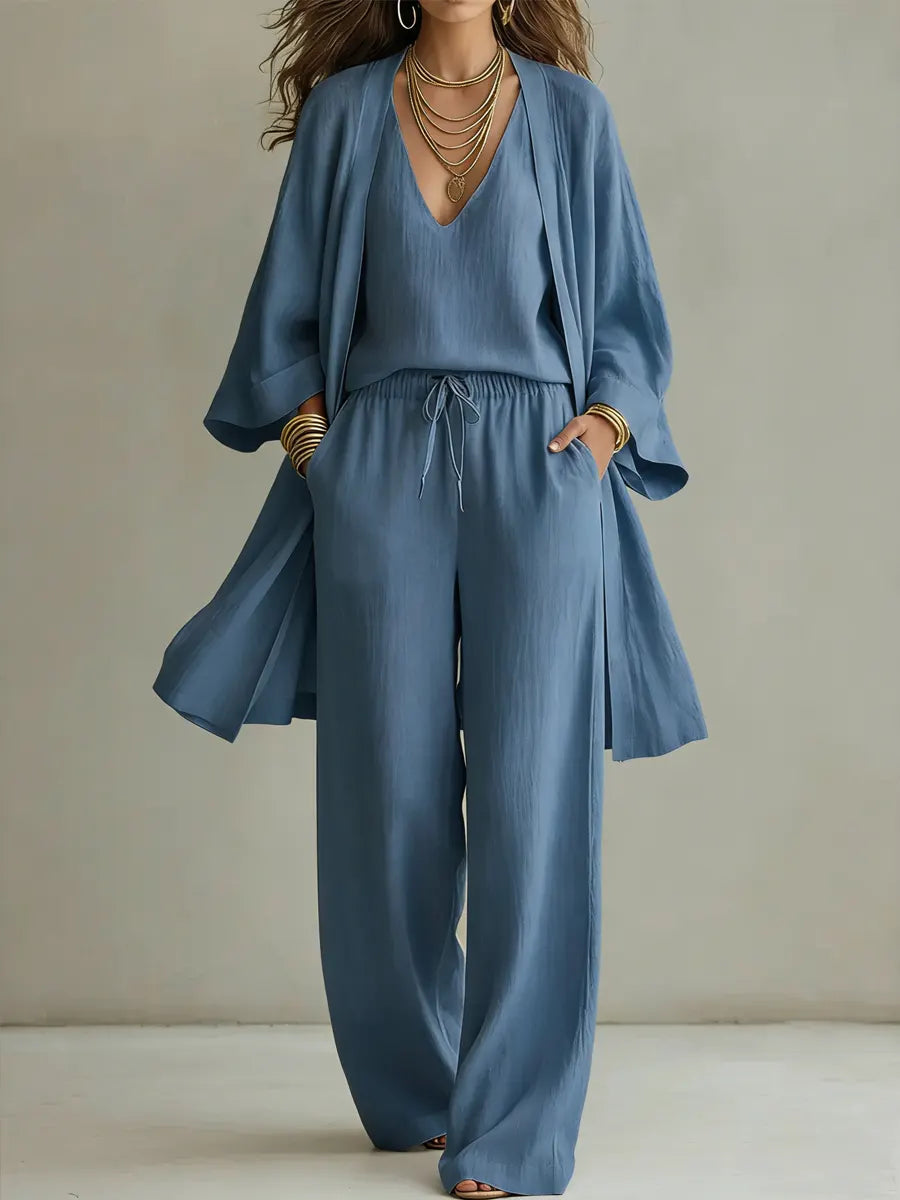Solene - Ensemble Femme Coton Lin Minimaliste Haut Et Pantalon Élégant