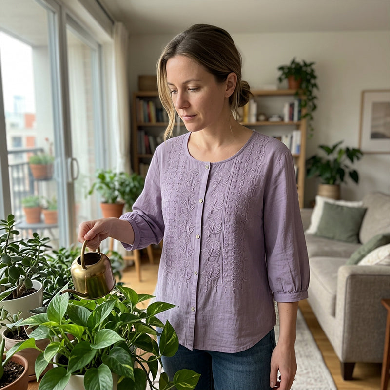 Sorivelle - Blouse brodée femme en coton et lin à manches 3/4
