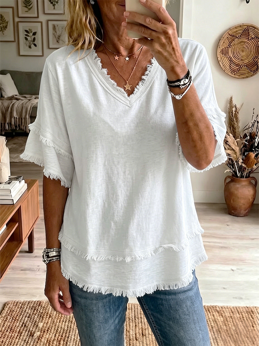 Jovrya - Top femme lin col V manches courtes coupe décontractée été