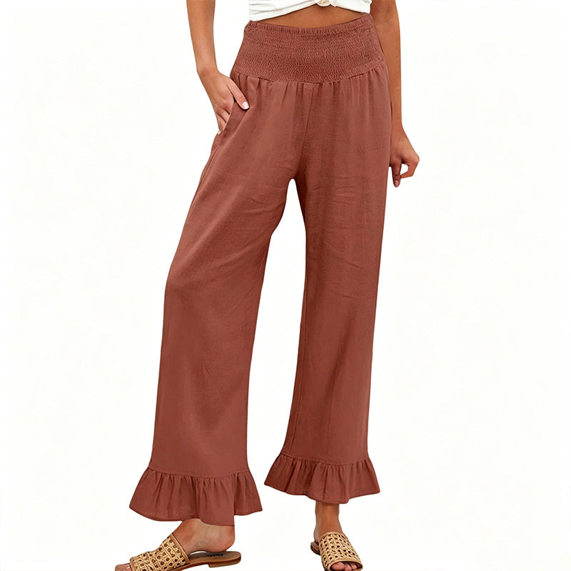Dorexa - Pantalon femme taille haute smockée large coton lin boho