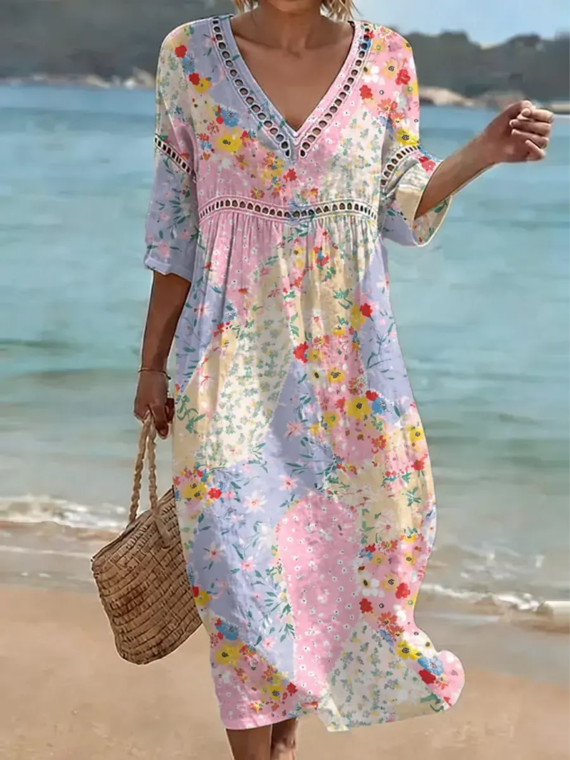 Bruneya - Robe femme patchwork florale fluide col V été plage