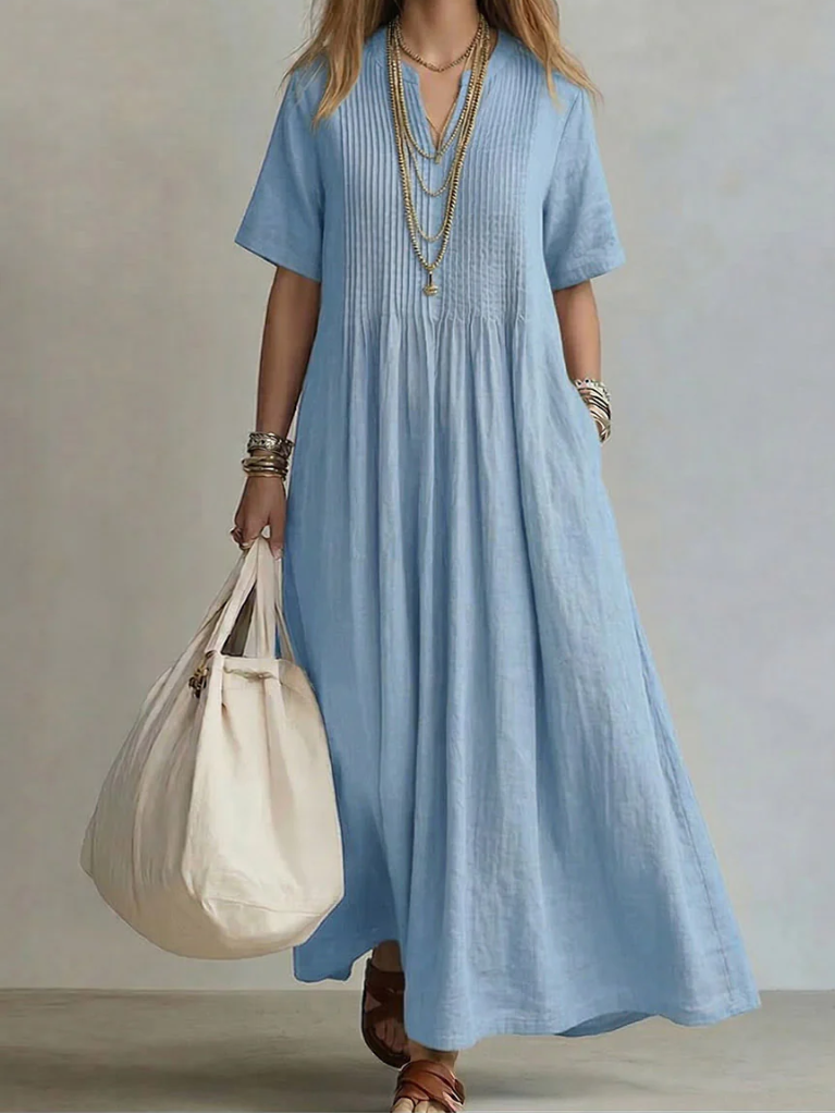Sylovelle - Robe maxi femme fluide plissée en coton et lin léger