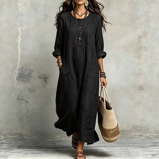 Jantje - Robe Longue Ample pour Femme à Manches Longues et Poches