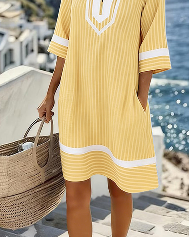 Telyxa - Robe Femme Rayures Fluide Col V Style Estival