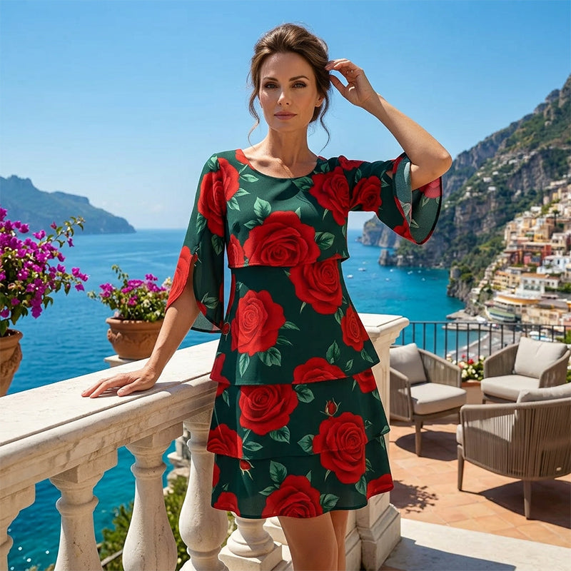 Qyvelle - Robe Femme Imprimé Floral Coupe Ample Manches Fluides Style Élégant